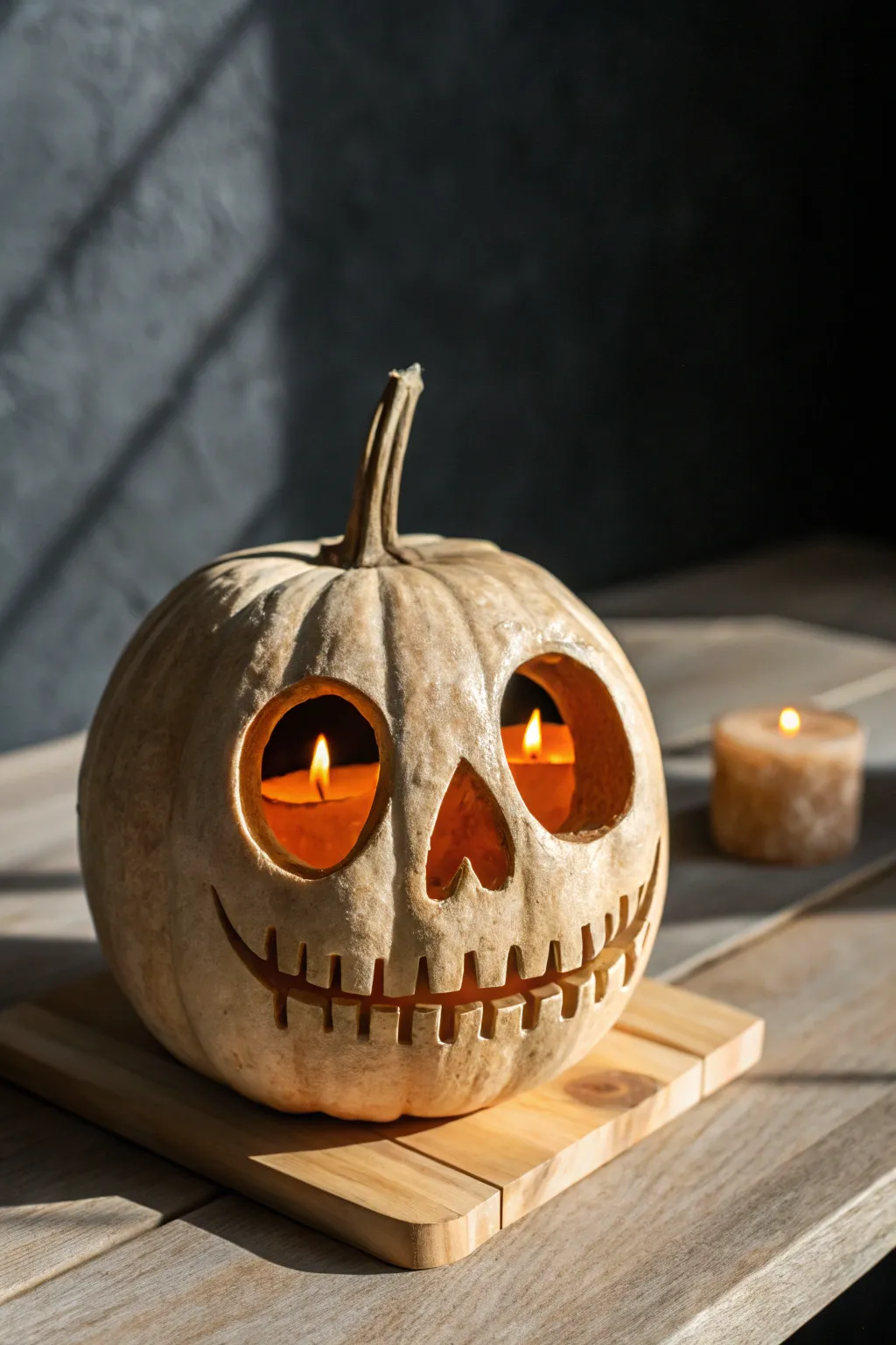 Creepy skull pumpkin lantern with warm candle glow, minimalist Nordic-boho mood and contrast