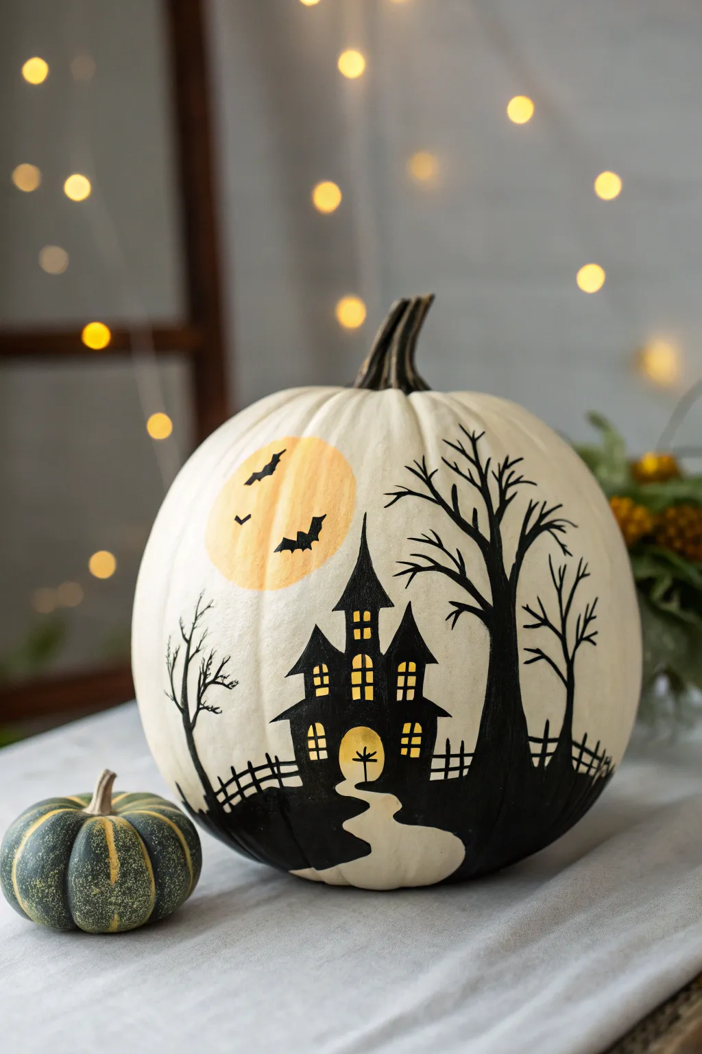 Haunted house pumpkin with moonlit backglow and warm windows, minimalist spooky charm.