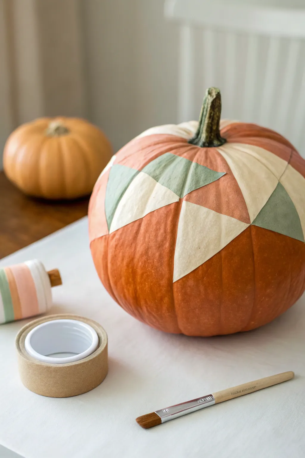 Geometric color-block pumpkin with crisp tape lines in soft Nordic hues, clean and modern