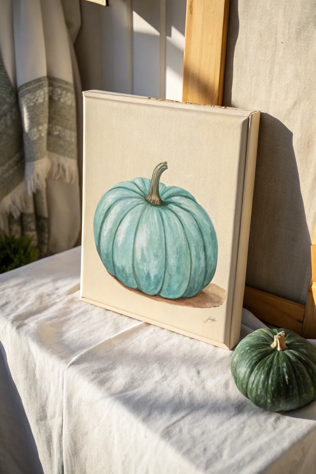 Modern fall canvas idea: a teal pumpkin with soft ridge shading on a warm neutral backdrop