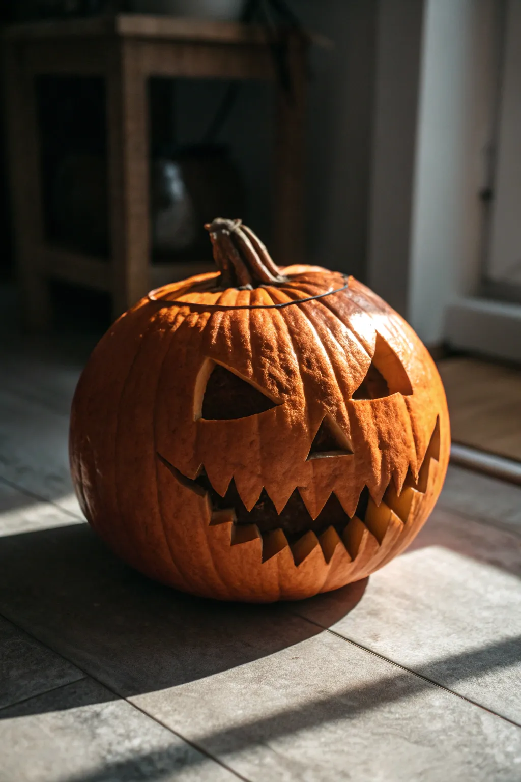 Stitched-up scar pumpkin face, low-key lighting and bold contrast for minimalist boho Halloween
