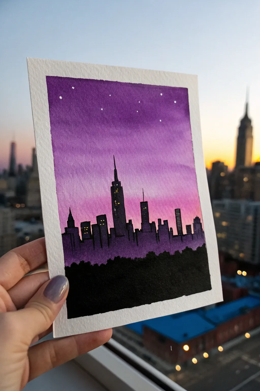 Minimalist black skyline silhouette against a bold purple acrylic sunset gradient