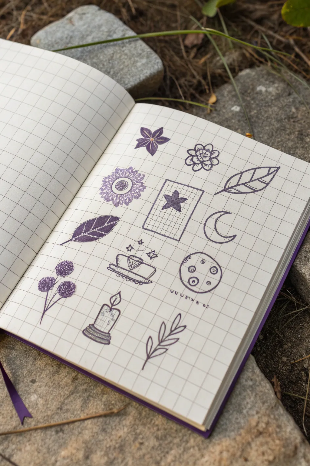 Purple grid mood board with tiny monochrome doodles in neat squares, calm minimalist sketchbook inspo