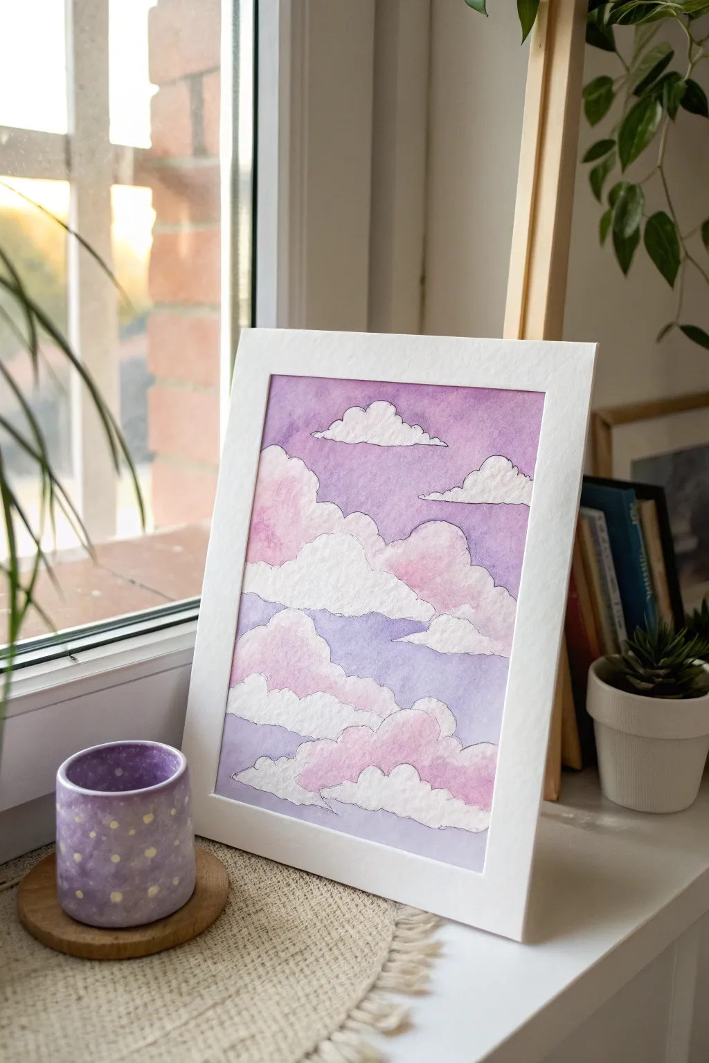 Easy purple cloud painting: lavender sky with fluffy clouds and delicate pink highlights