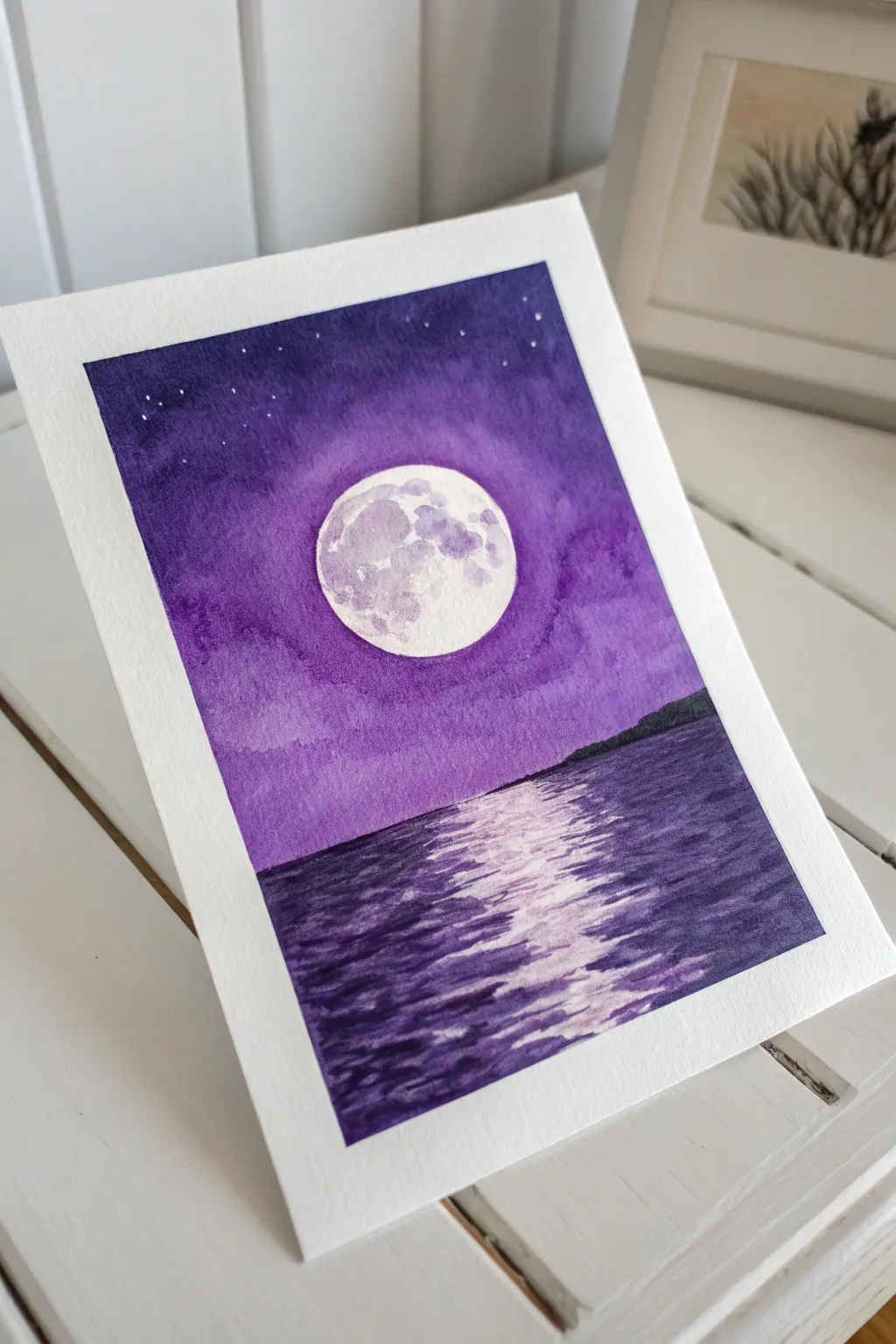 Moonlit violet sky and lavender reflections, a minimalist purple night painting to recreate