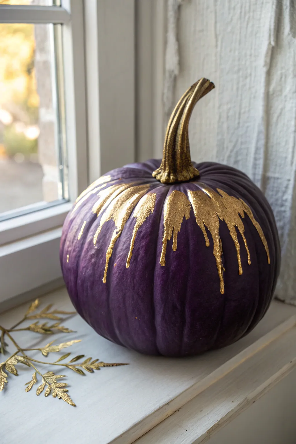 Dark purple pumpkin with metallic gold drips and a gleaming stem for chic fall decor.