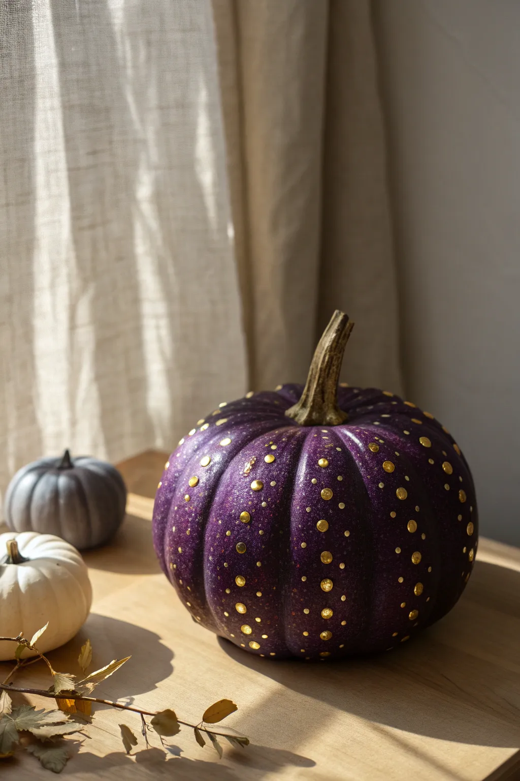 Deep purple pumpkin with clustered gold glitter dots, glowing in warm minimalist light