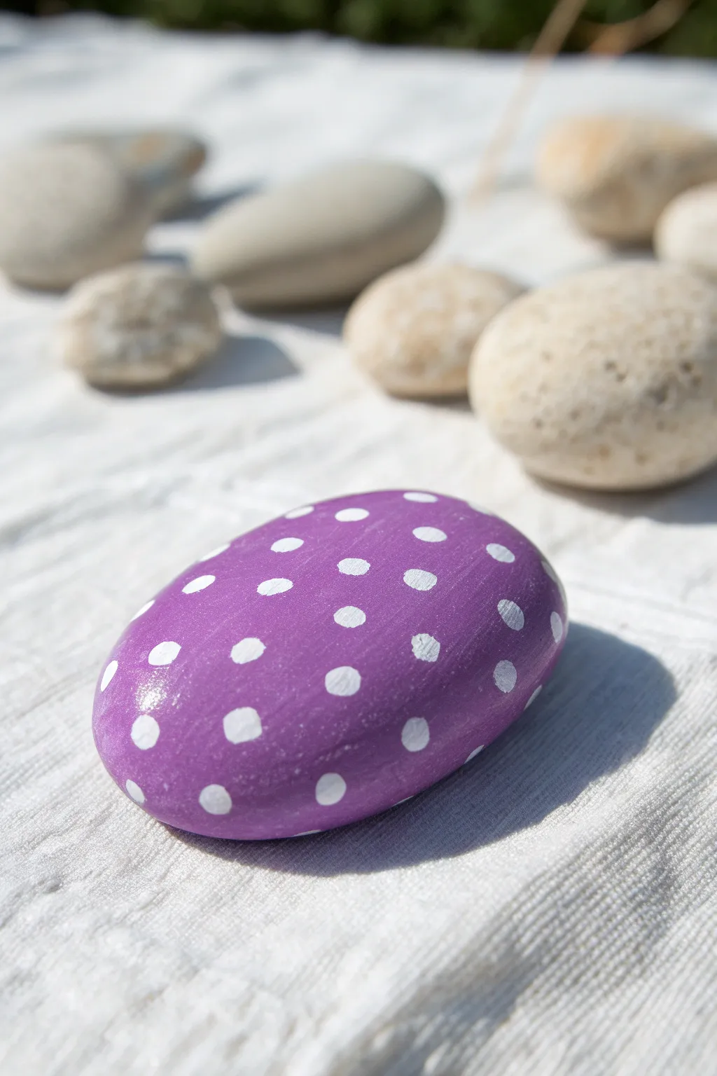 Bright purple rock with crisp white polka dots for a playful, minimalist pop of color