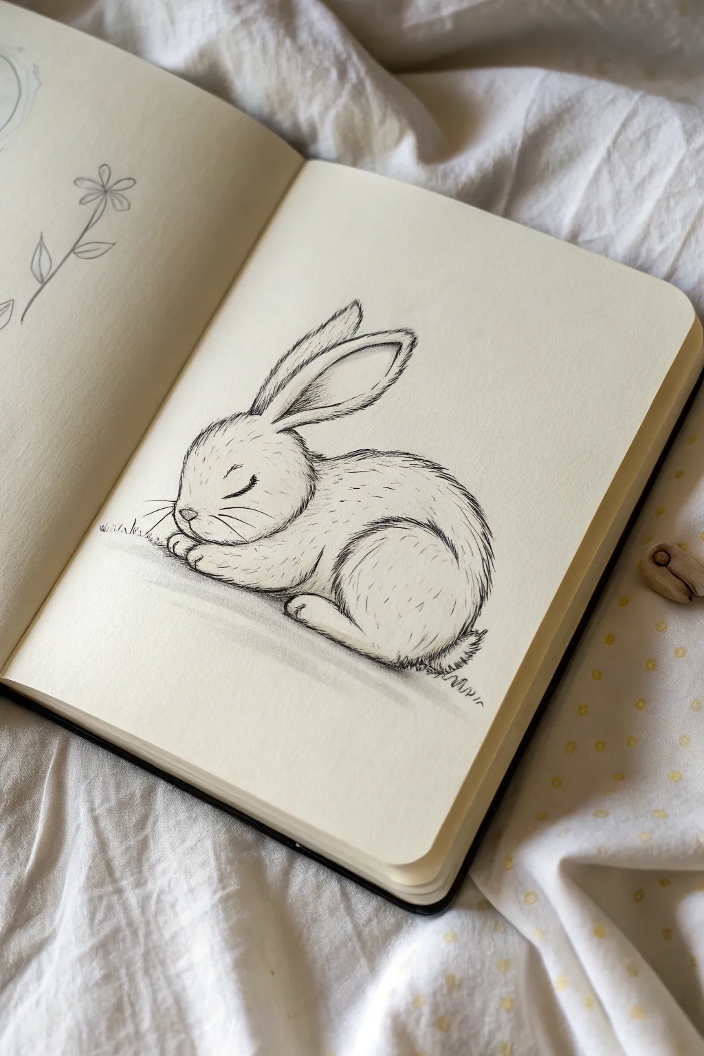 Cozy curled-up sleeping rabbit sketch with soft shading, minimal lines, calm Scandinavian mood