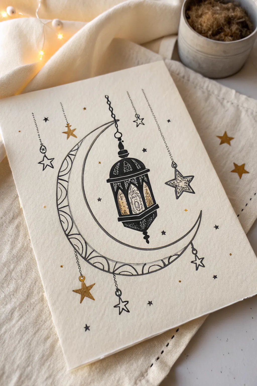 Draw a layered lantern and crescent moon silhouette with a few stars, simple and elegant.