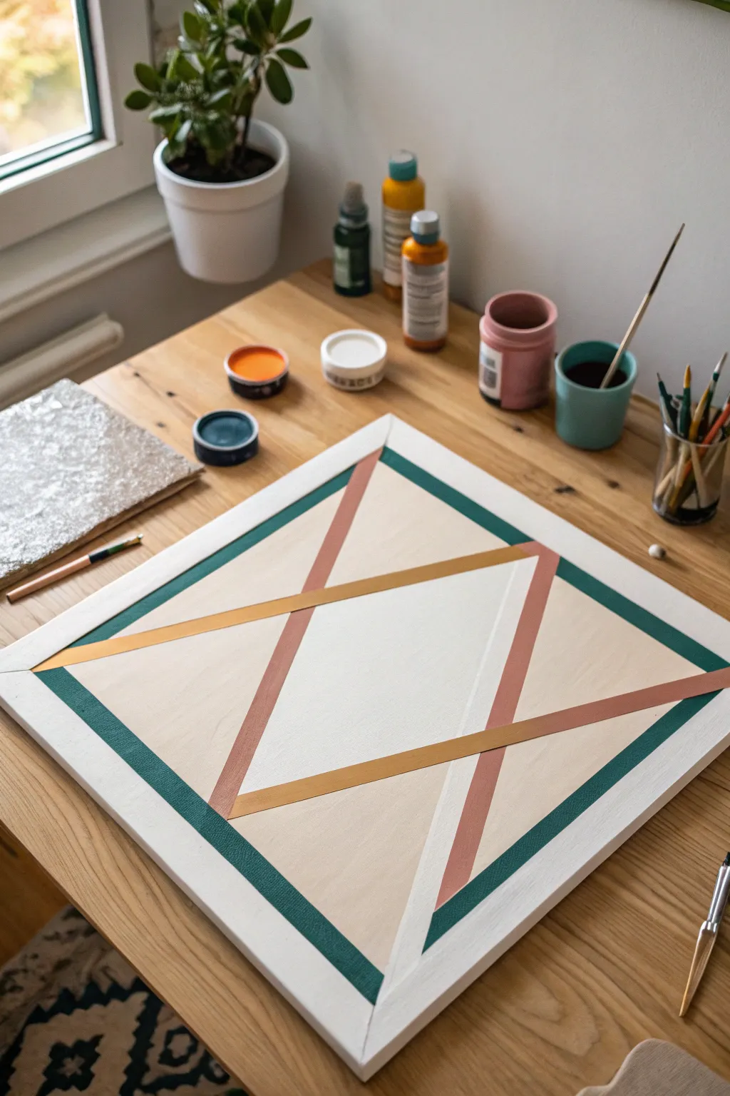 Masking tape stripes make crisp geometric lines, perfect for easy random painting ideas.
