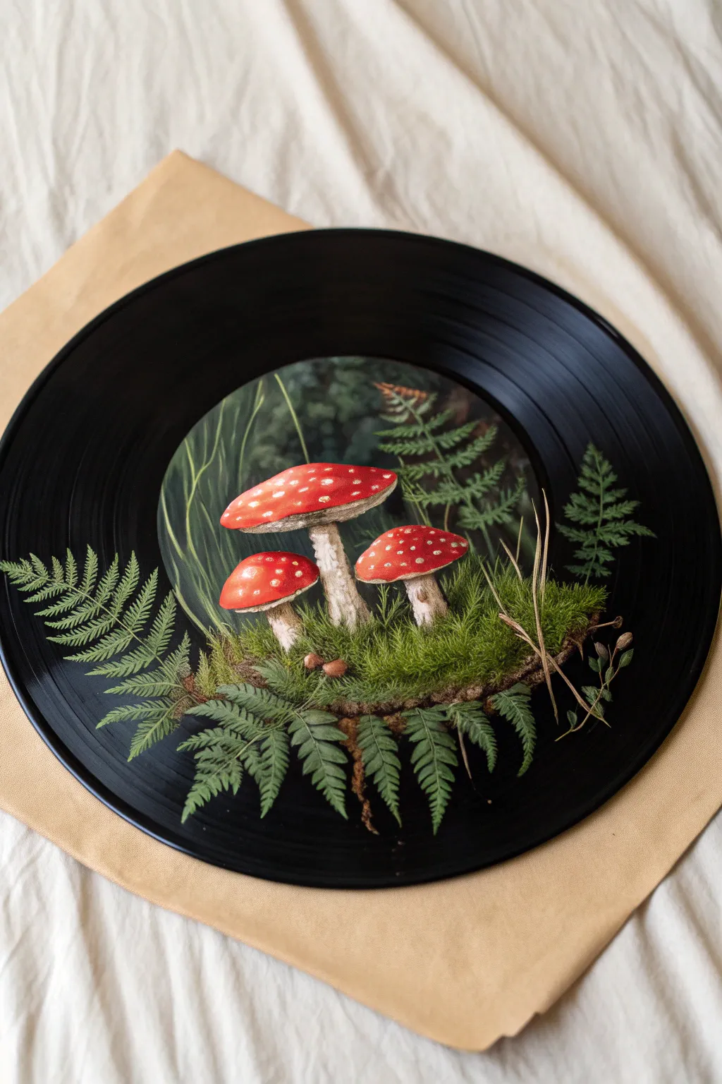 Create a whimsical forest vibe with this cute cottagecore mushroom vinyl record painting.