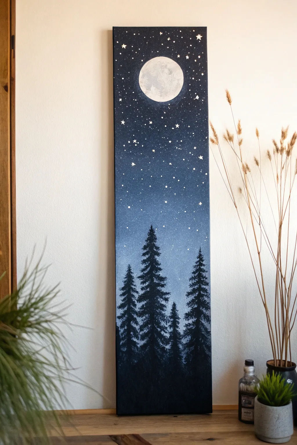 Vertical night sky canvas with tall pines and a glowing moon, minimalist and calming to paint