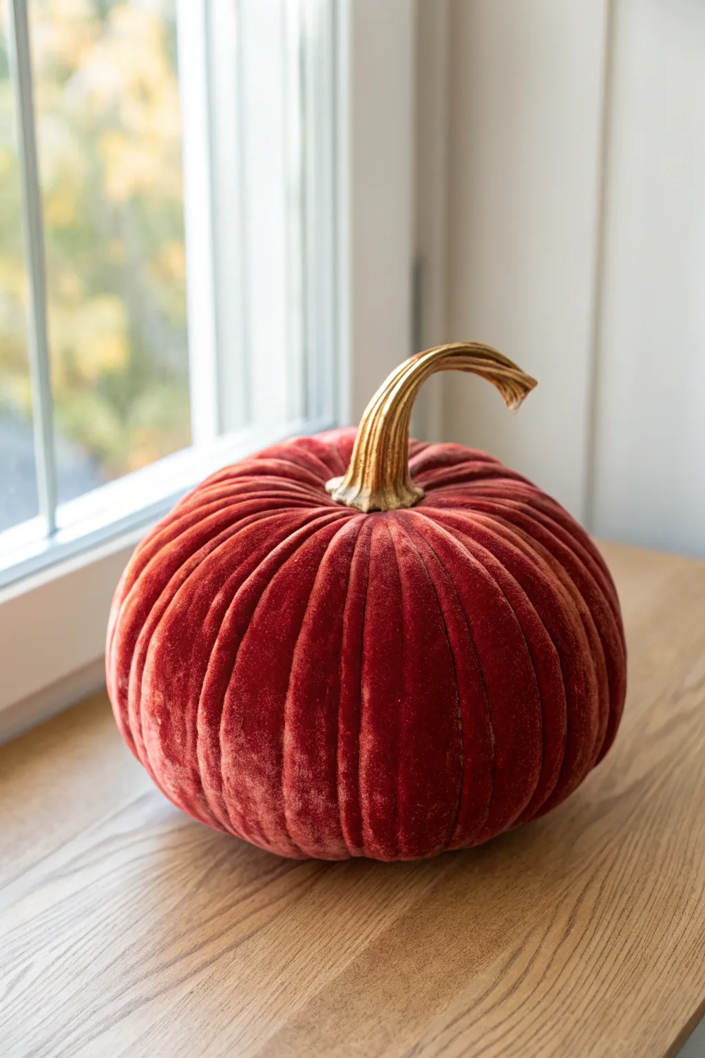 Velvety red pumpkin with a gold-accented stem in a chic minimalist centerpiece style