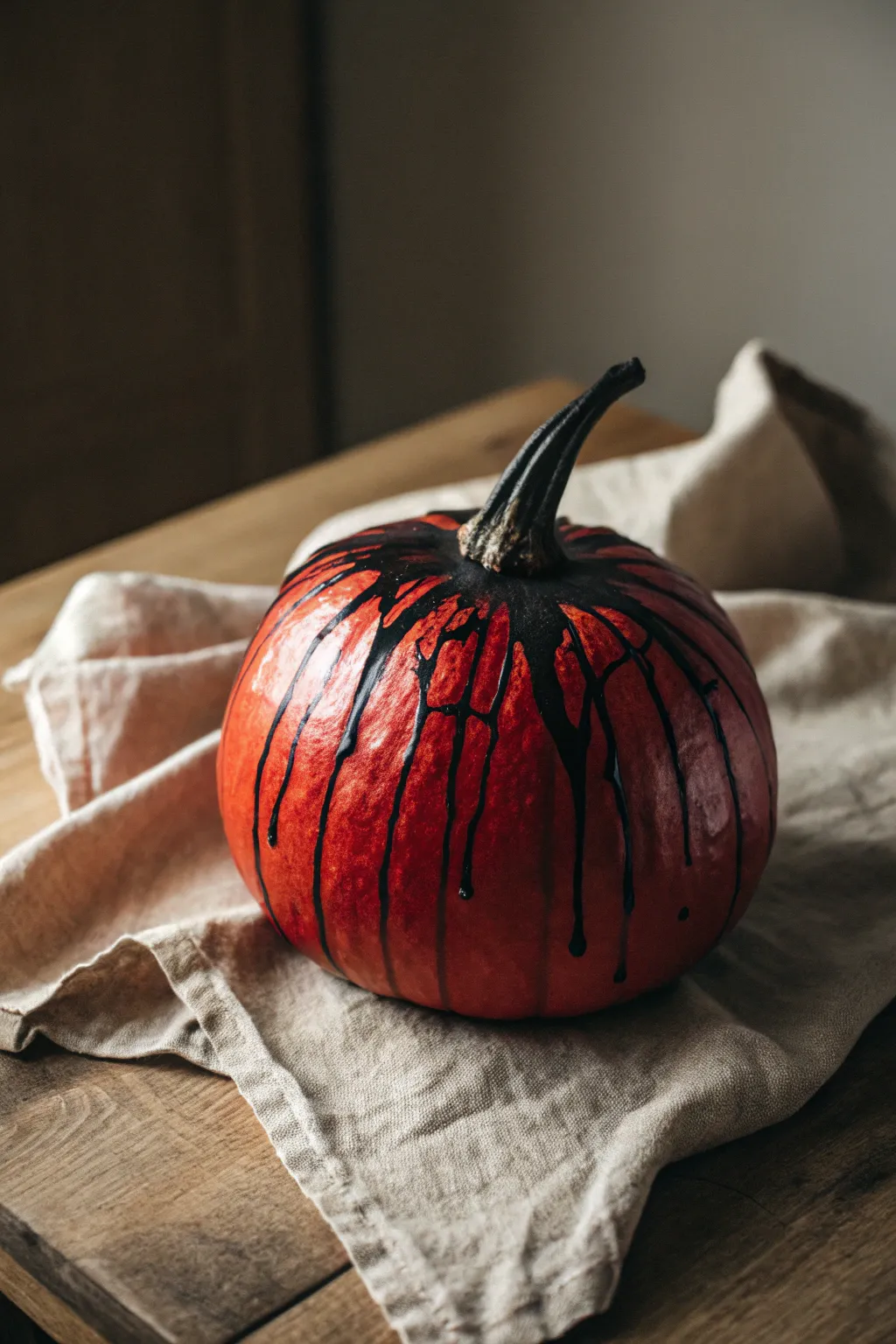 Moody crimson pumpkin with inky black drips, a minimalist spooky centerpiece to paint.