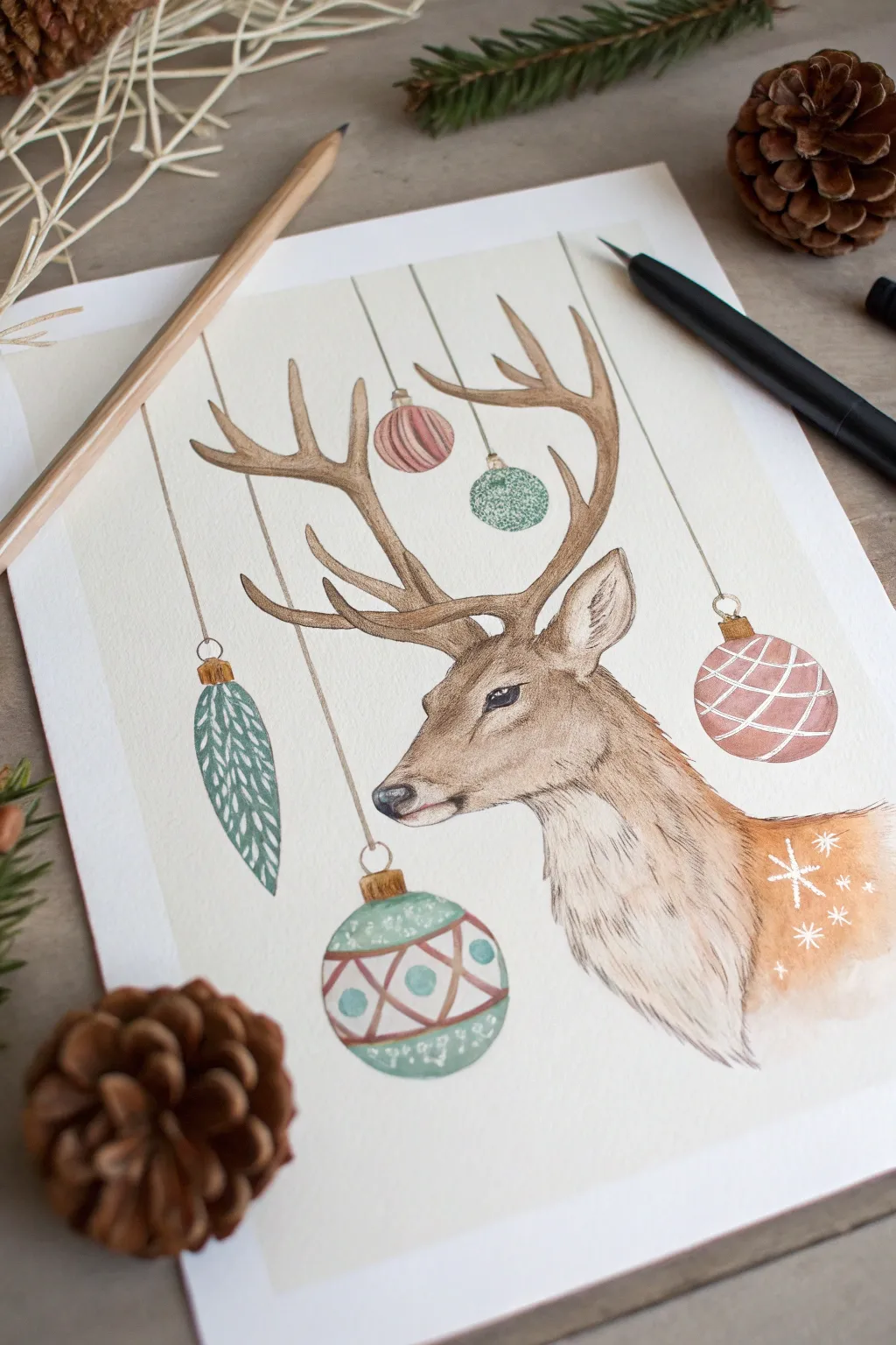 Minimal reindeer antlers with dangling ornaments, a festive craft painting idea to try.