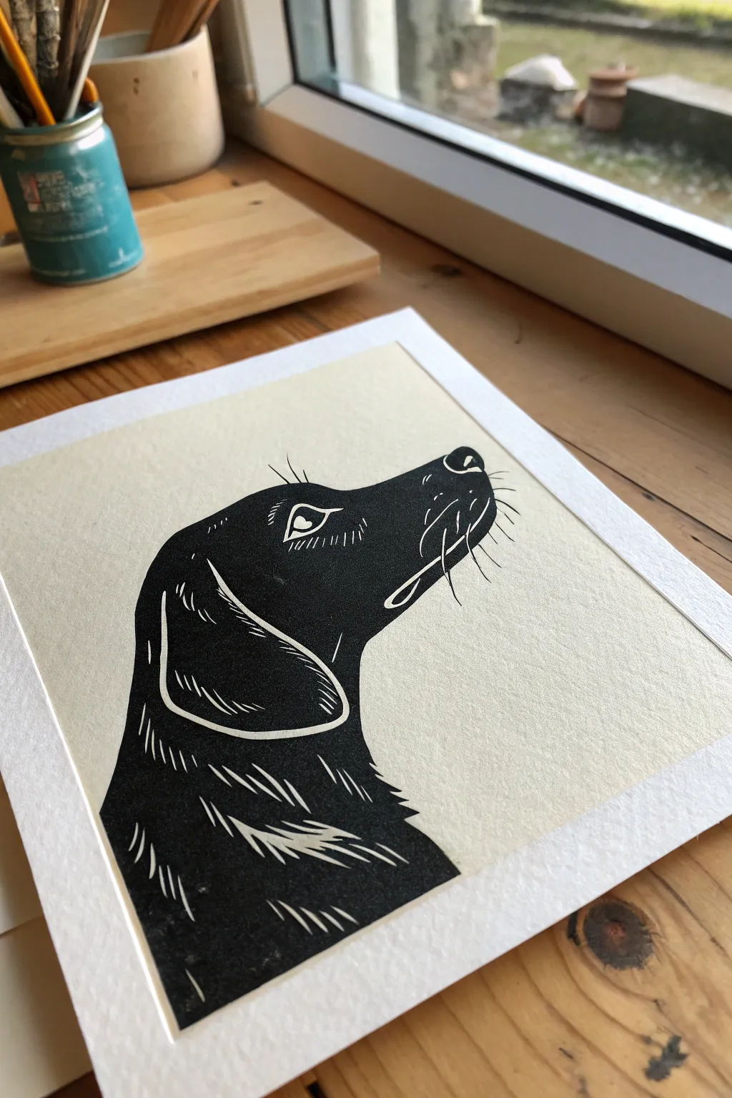 Simple two-value pet profile relief print: bold silhouette, carved eye highlight, clean whiskers.