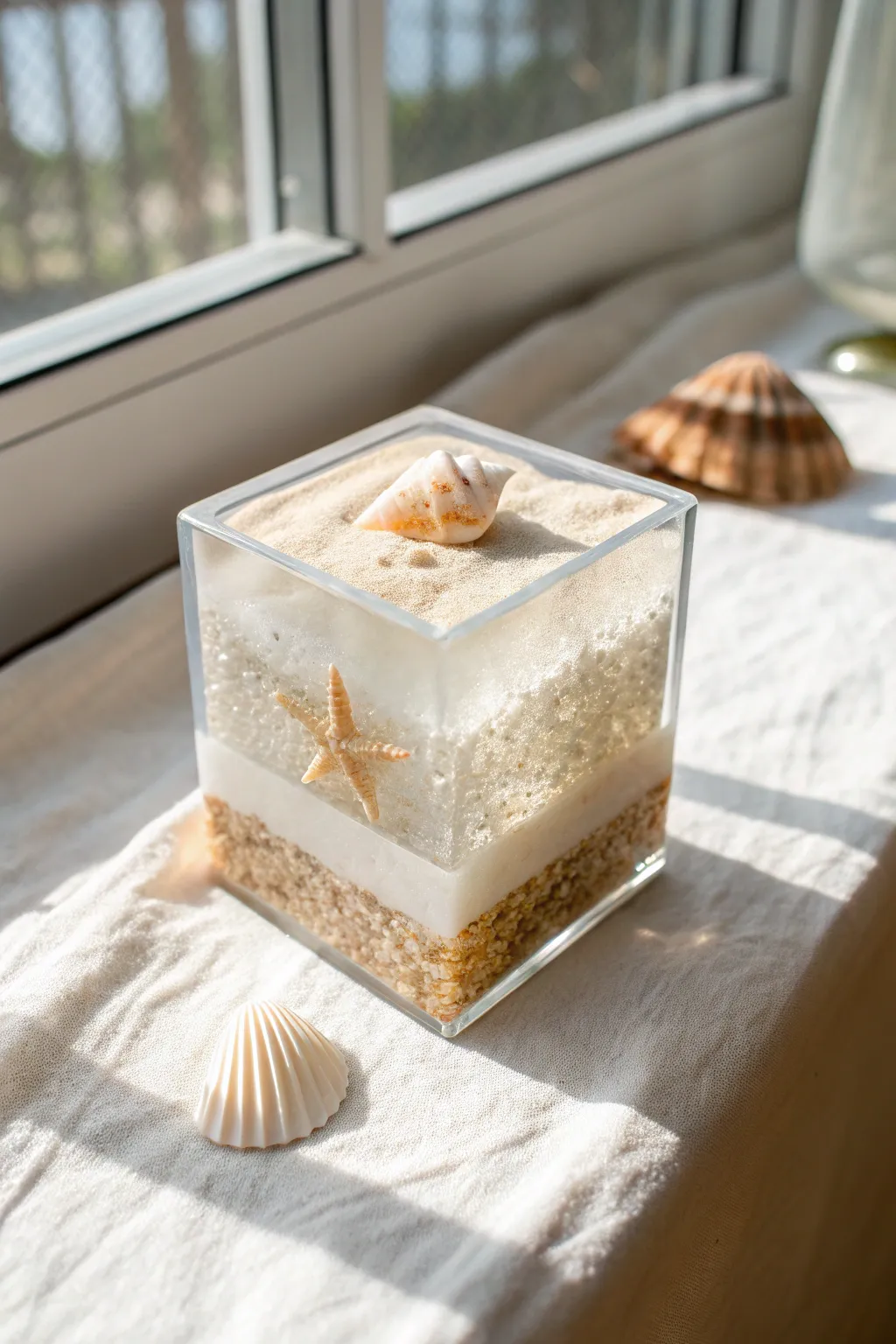 Tiny coastal resin cube with layered sand and a delicate seashell, clean and calming.