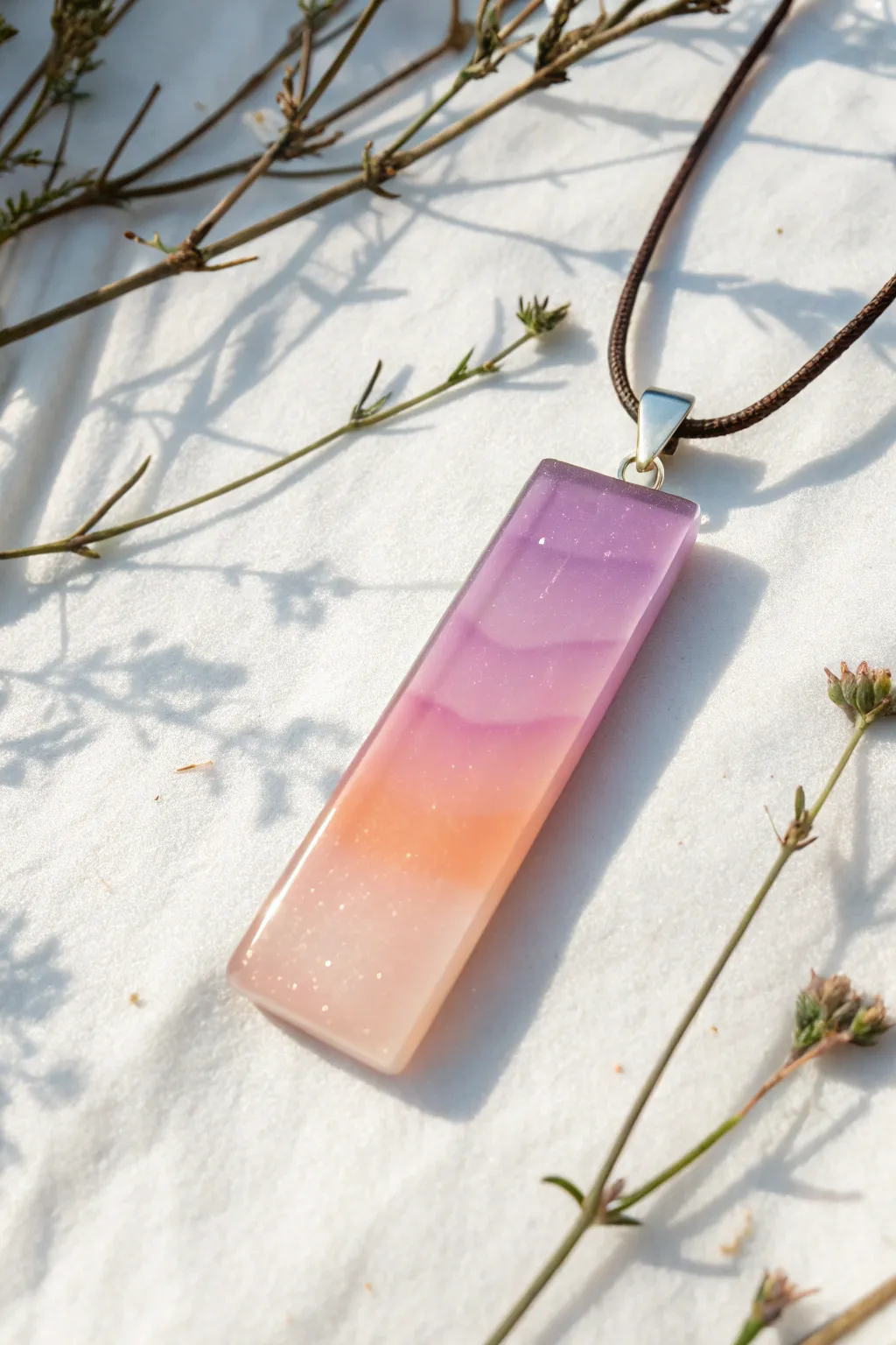 Ombre resin pendant idea: a soft blush to lavender gradient styled in clean minimal light