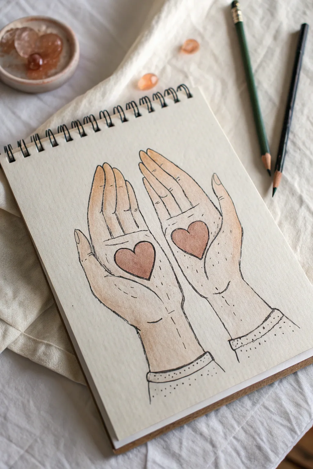 Gentle hands offering a heart, a calm minimalist sketch celebrating empathy and respect.