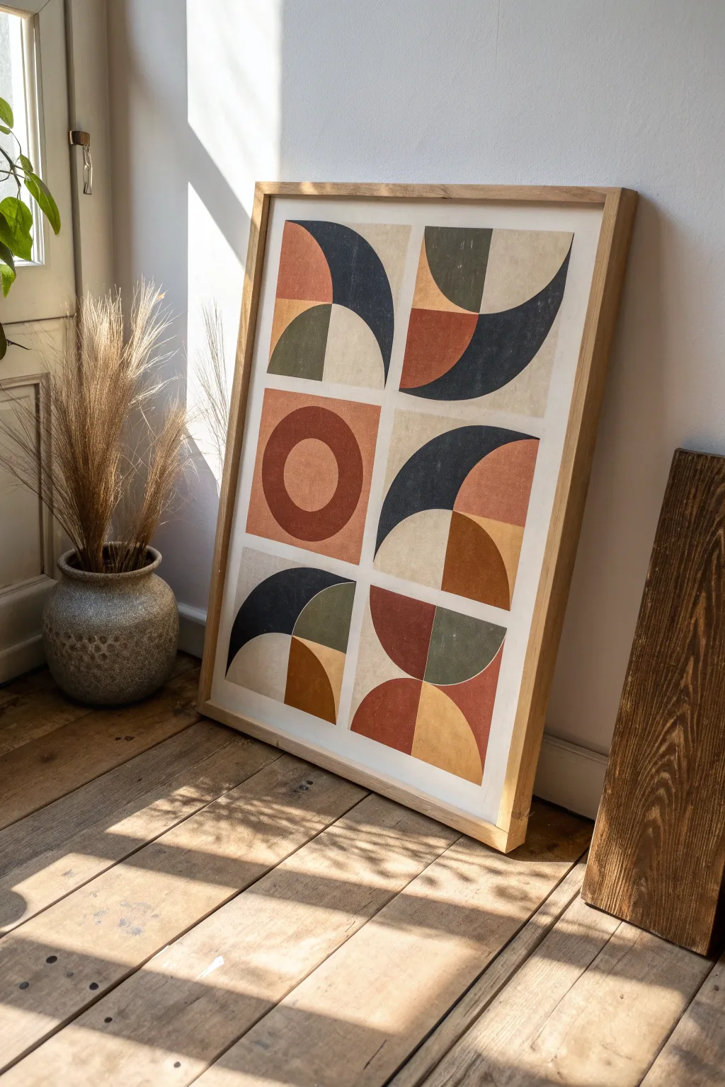 Mid-century collage painting with stacked earthy shapes, crisp edges, and calm minimalist vibes