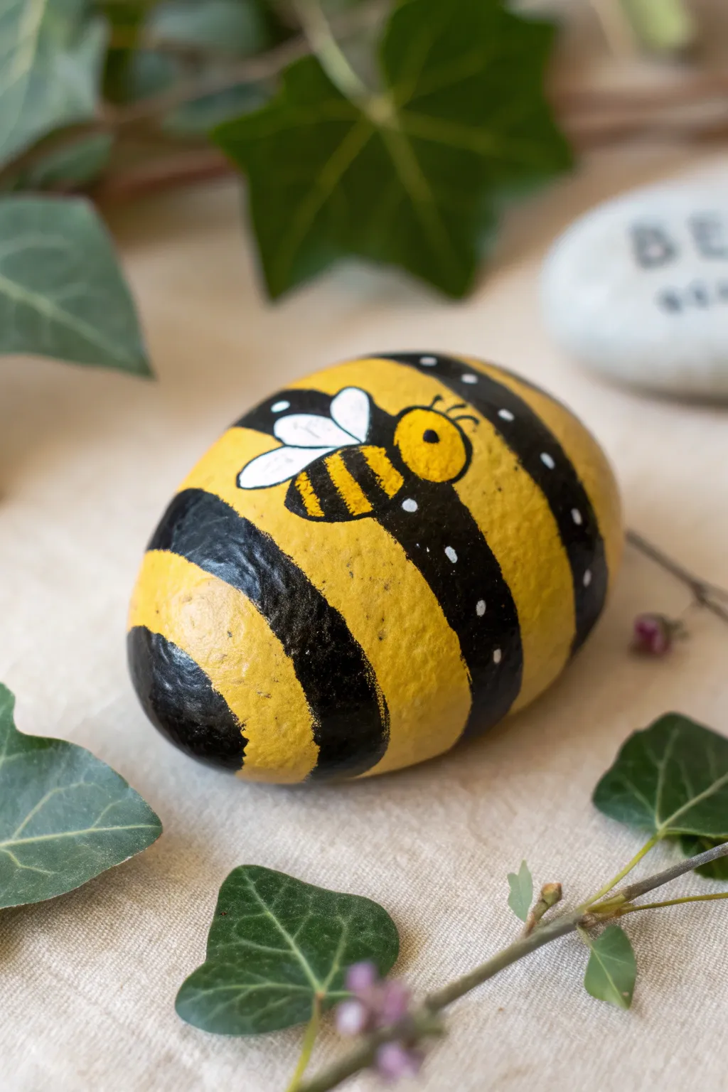 Easy bumblebee stripe rock idea with bold contrast, tiny wings, and simple boho styling