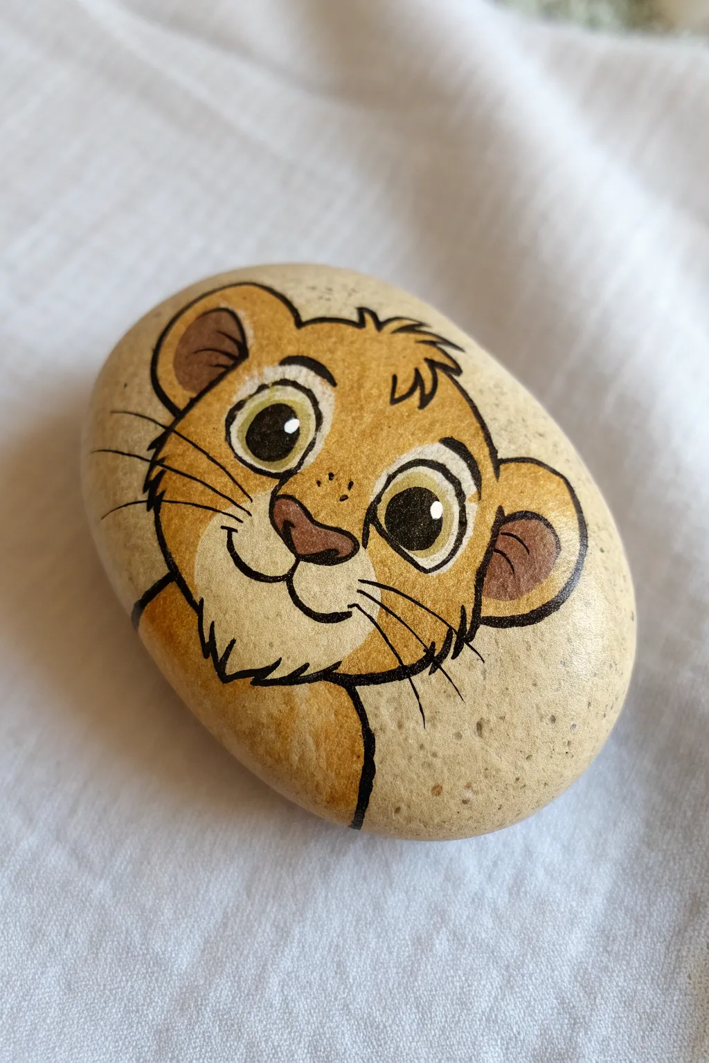 Soft Disney-inspired lion cub face rock, minimal boho style with warm natural tones