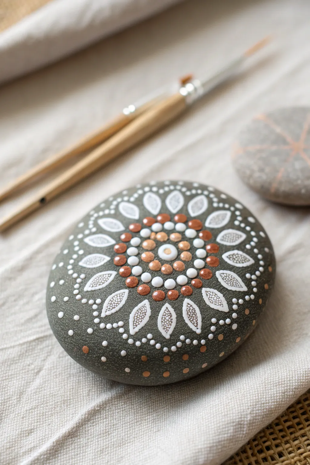 Classic mandala dot rock close-up with clean minimalist boho styling and strong contrast.