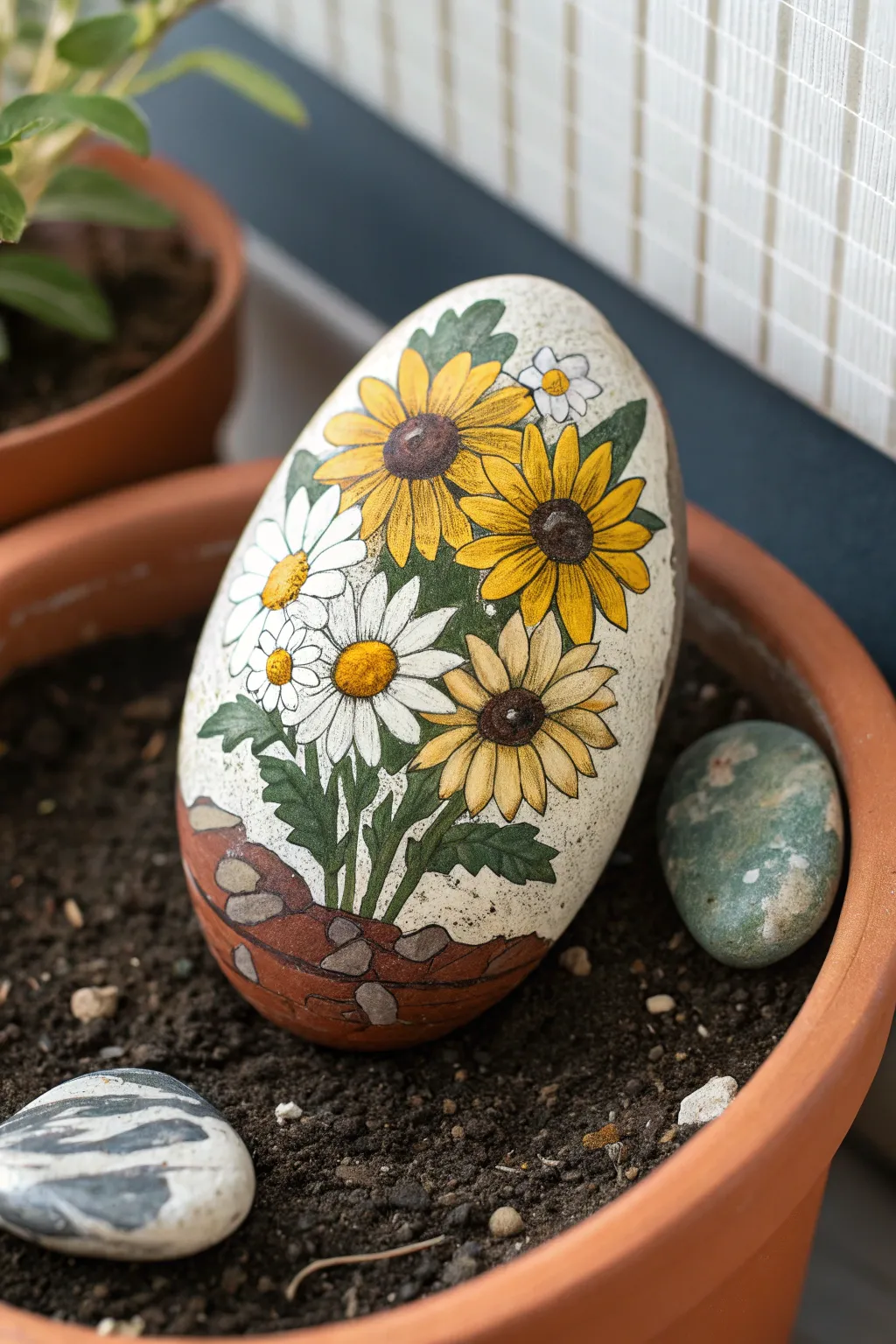 Sunflower and daisy bouquet rock nestled in a terra-cotta pot for bright garden charm
