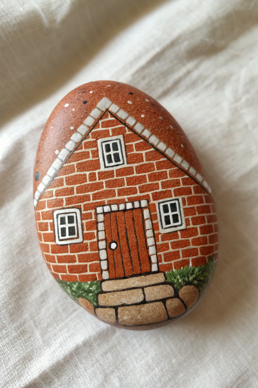 Tiny brick house rock with crisp white windows, soft shading, and cozy Scandinavian charm.