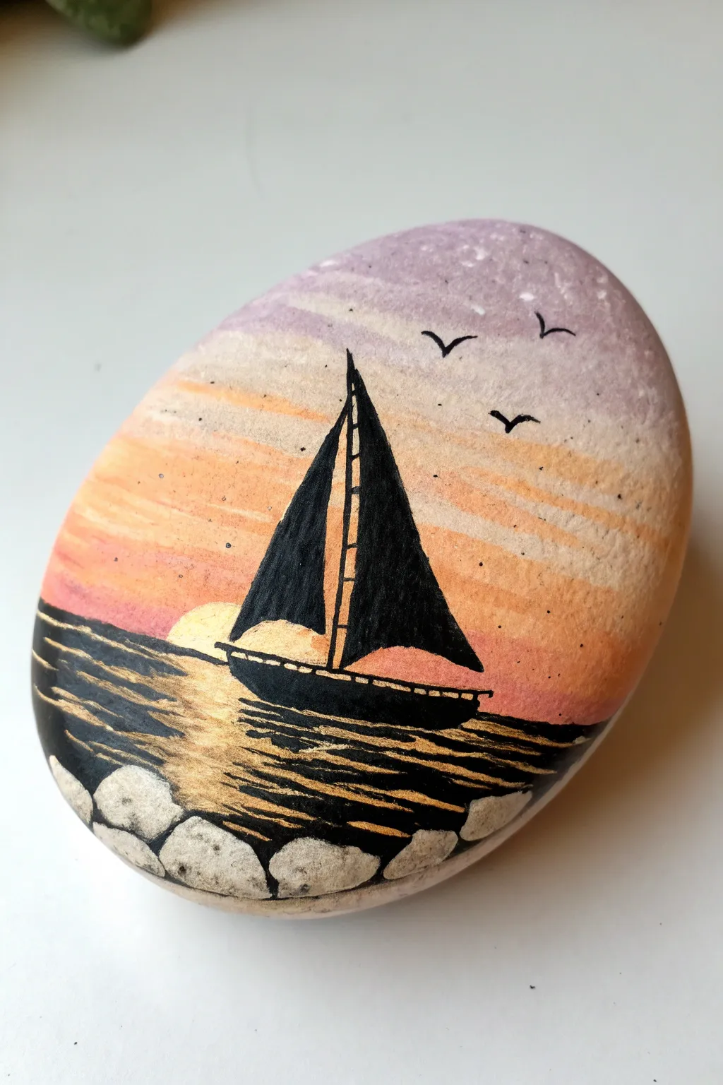 Sunset sailboat silhouette on a painted rock, minimal yet dreamy with warm coastal glow
