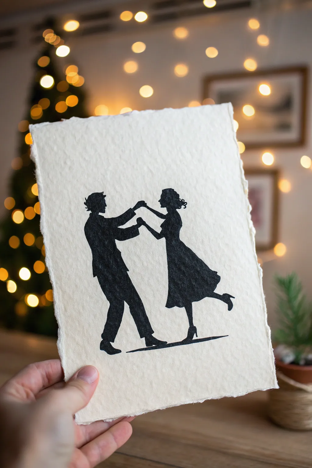 Minimalist silhouette slow dance under warm string light bokeh, romantic and calm to paint.