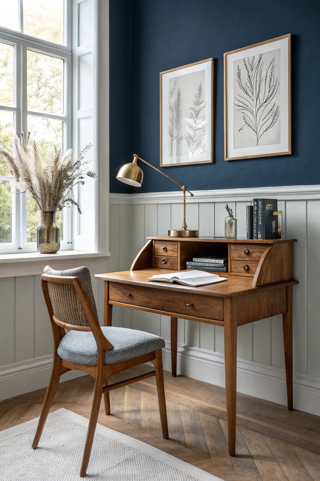 Navy walls and crisp white trim set off a warm wooden desk for a calm, focused nook.