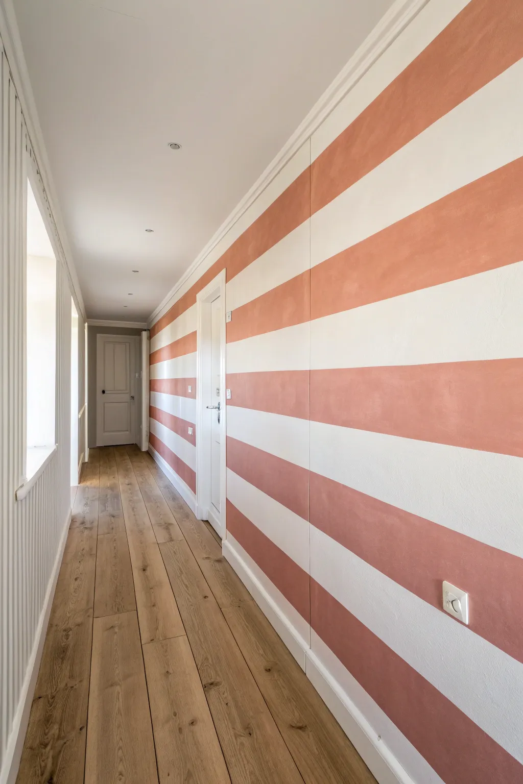 Wide horizontal stripes in soft tones make a narrow hallway feel instantly wider and calmer