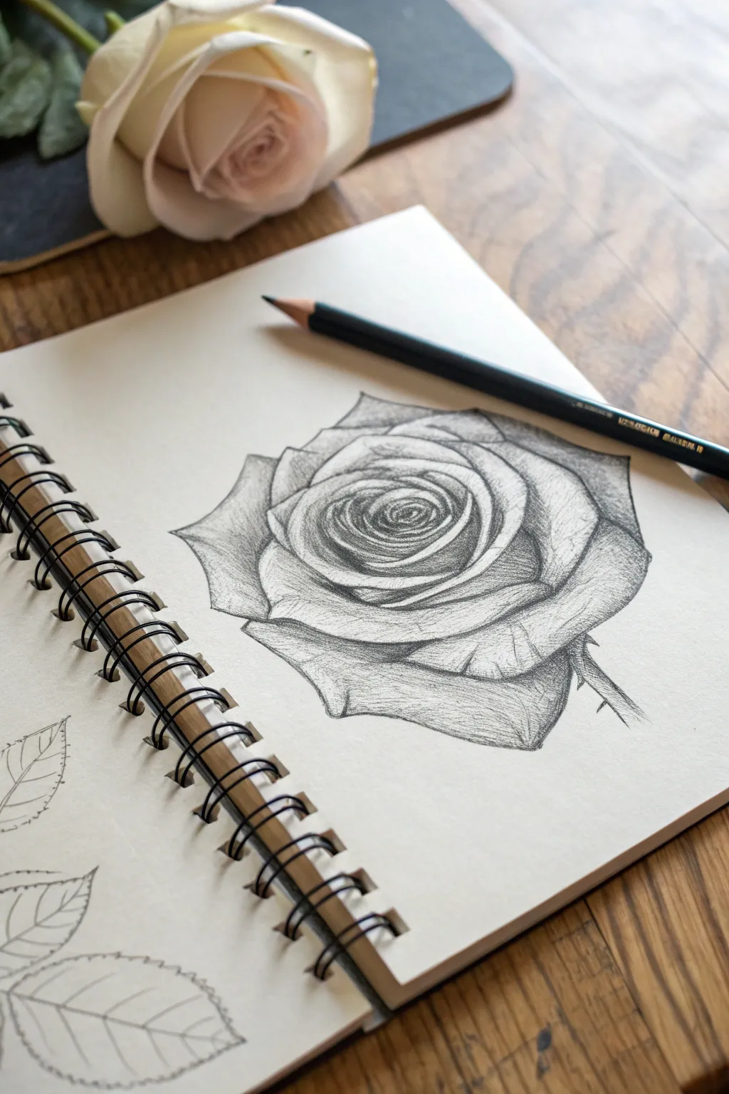 Floating rose head practice study focusing on petal overlaps, spiral core, and clean contrast.