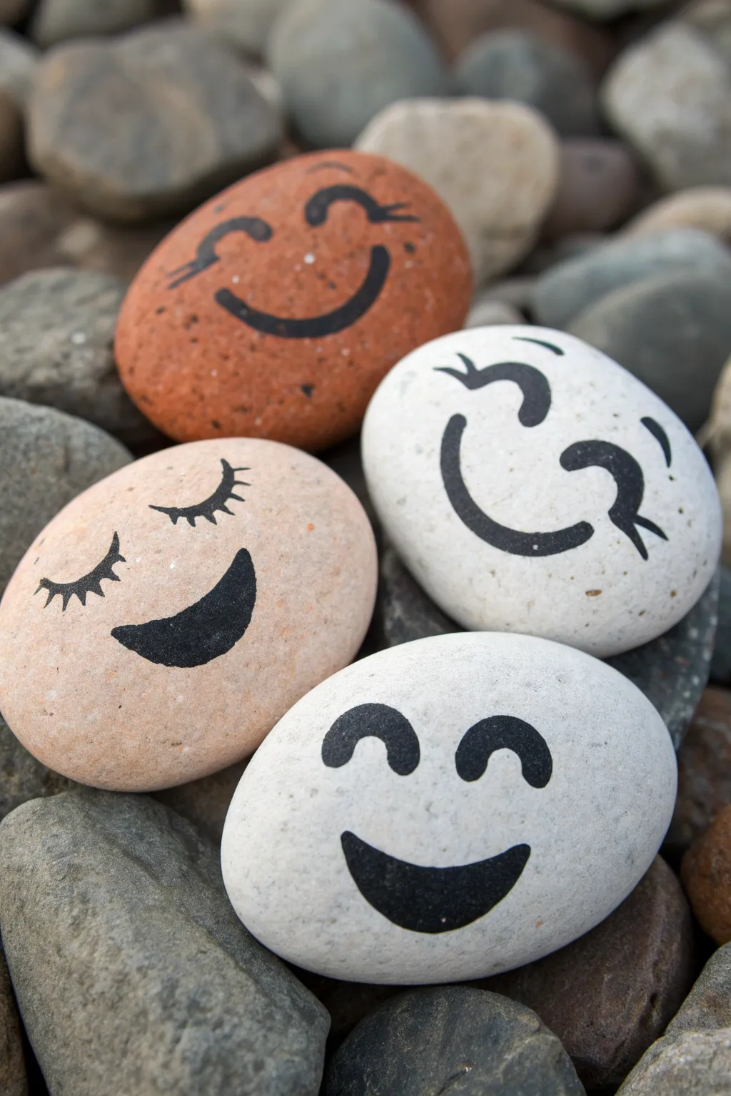 Round rock smiley faces in bold minimalist paint, high contrast and cozy boho calm.