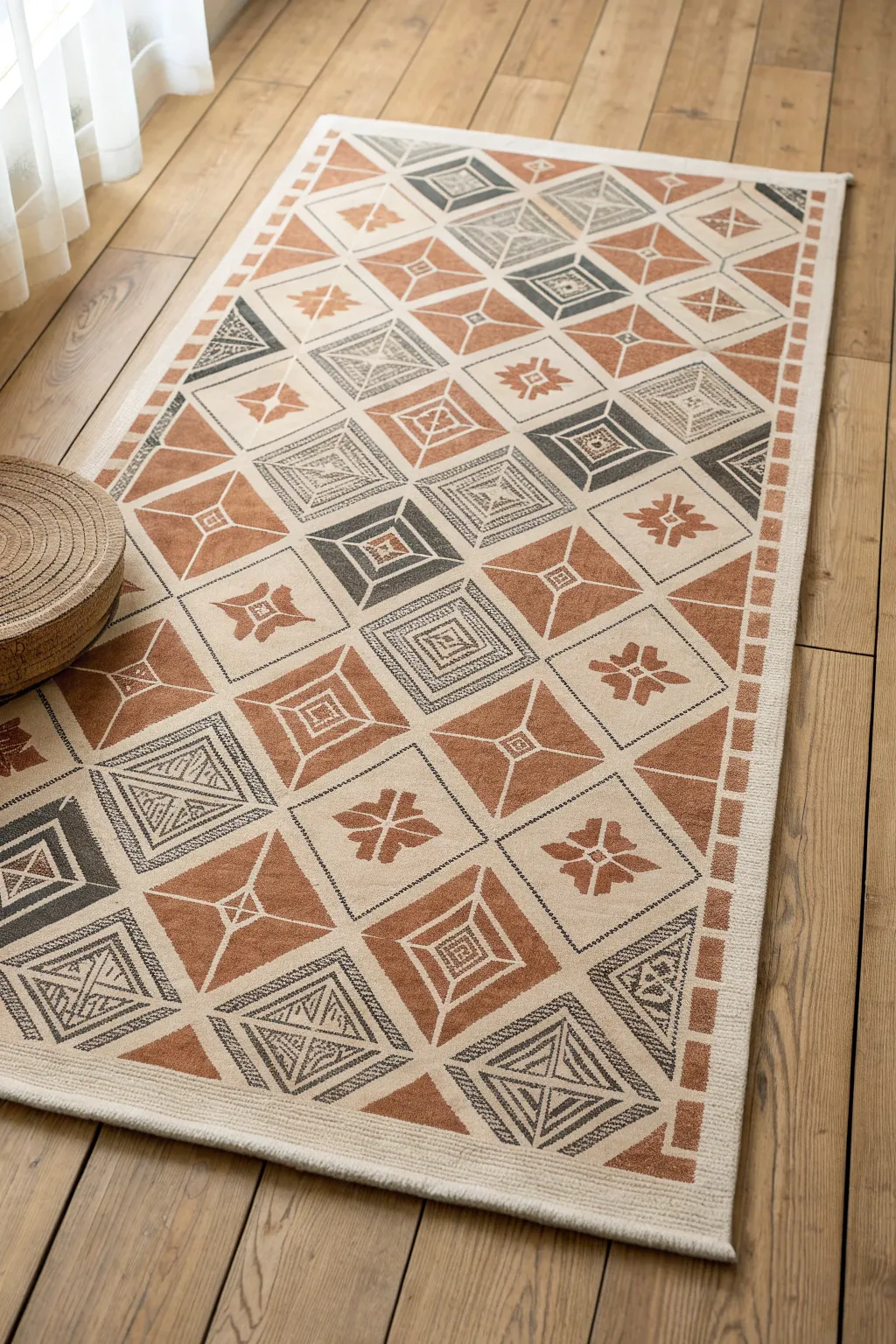 Tile-inspired stenciled rug pattern with crisp edges, minimal boho warmth, top-down detail