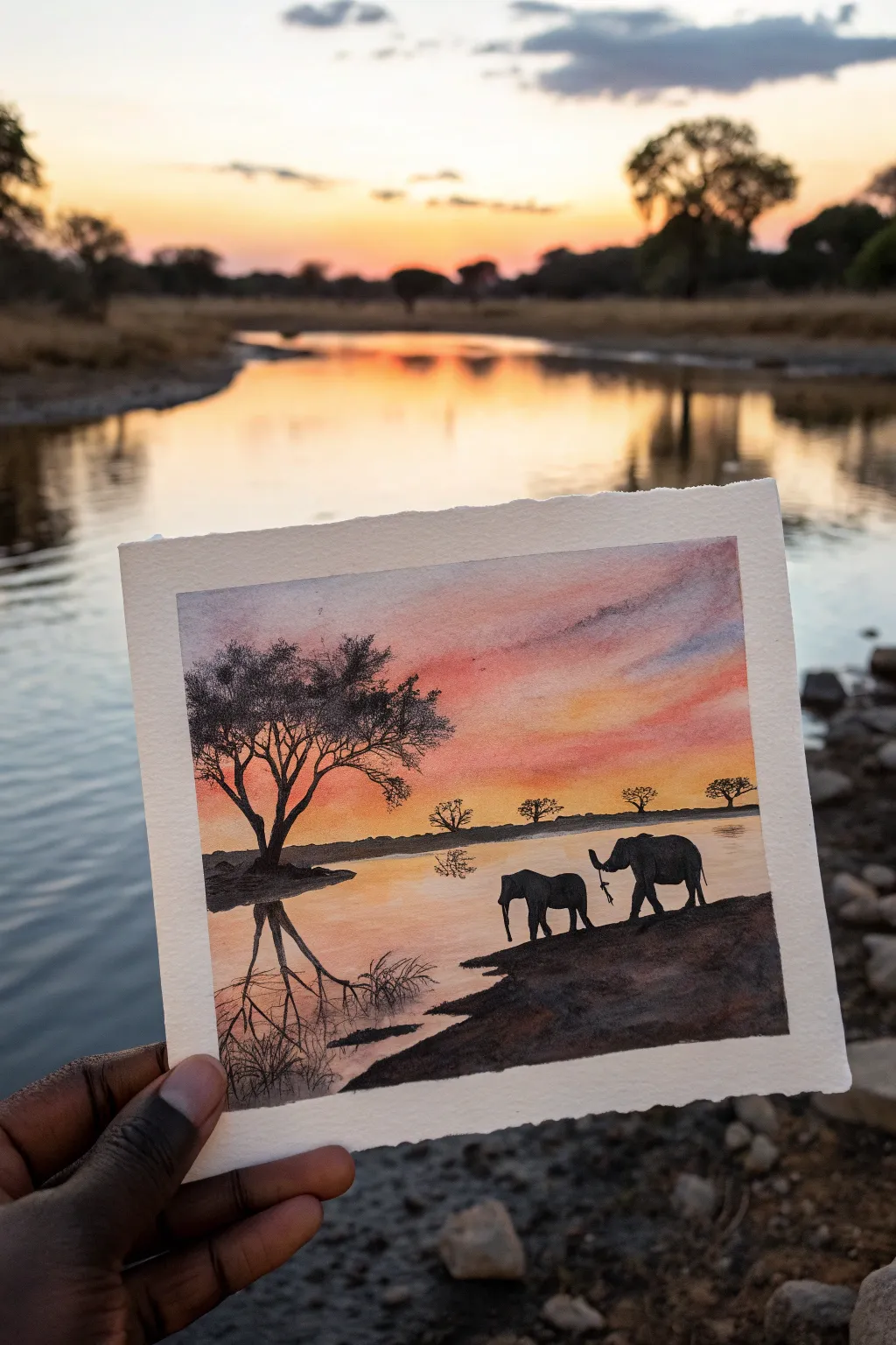 Minimalist safari waterhole reflection with soft sunset hues and bold animal silhouettes