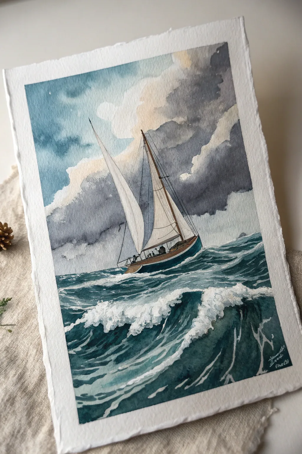 Stormy sailboat painting idea with bold diagonal waves, dramatic clouds, and a crisp white sail.