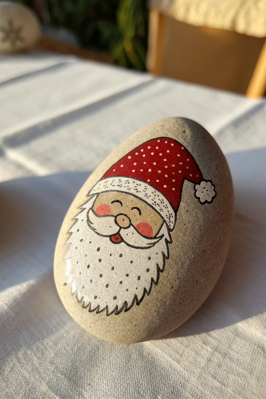 Stippled dots create a fluffy Santa beard texture, perfect for simple festive rock painting