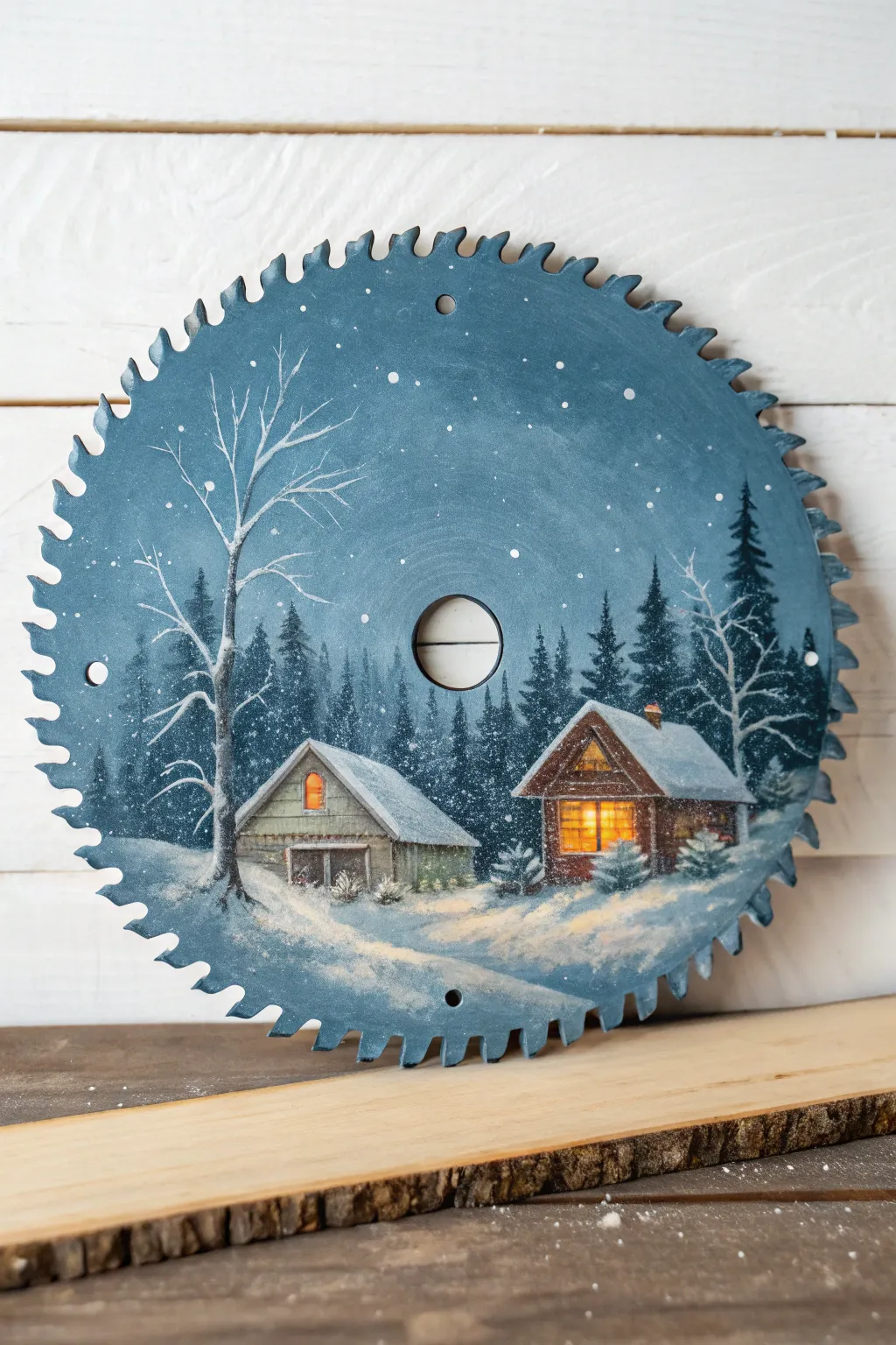 Woodland cabin in snow on a saw blade, cool blues and warm window glow for cozy contrast