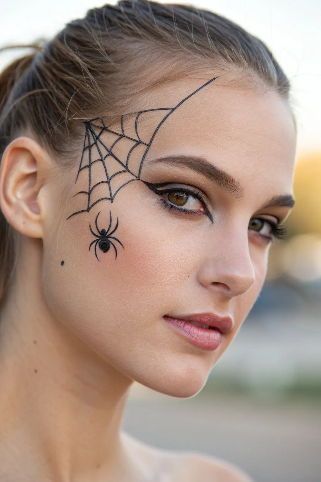 Easy spiderweb corner mask: bold black lines and a tiny spider for simple spooky impact