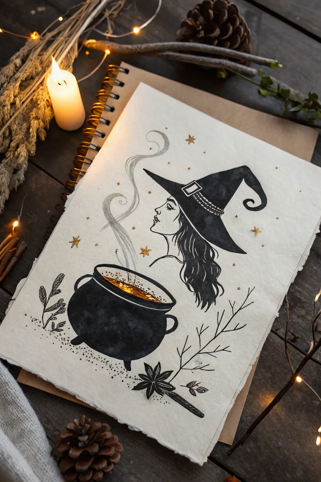 Minimal witch silhouette with streaming hair and smoky cauldron, high-contrast spooky elegance.