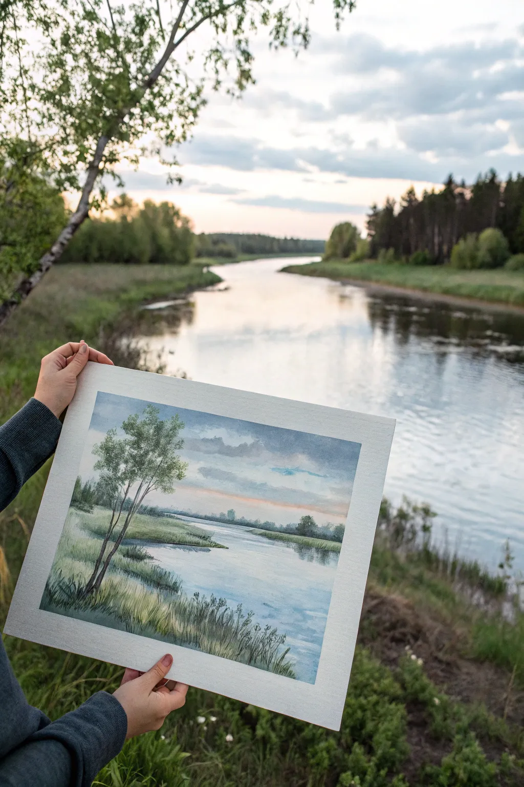 Paint a calm river bend with broken reflections and loose trees for an easy scenic study