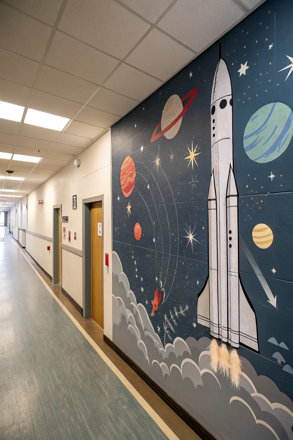 Minimal space-voyage corridor mural with a bold blast-off rocket and soft planets drifting away