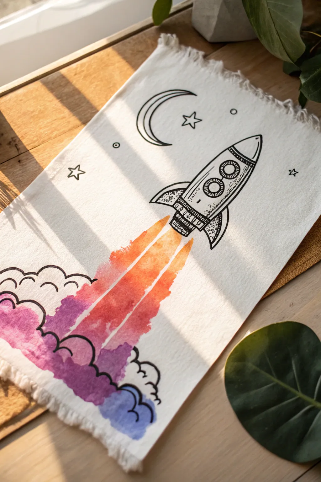 Minimal rocket launch illustration with a vivid watercolor smoke burst in warm to cool gradients