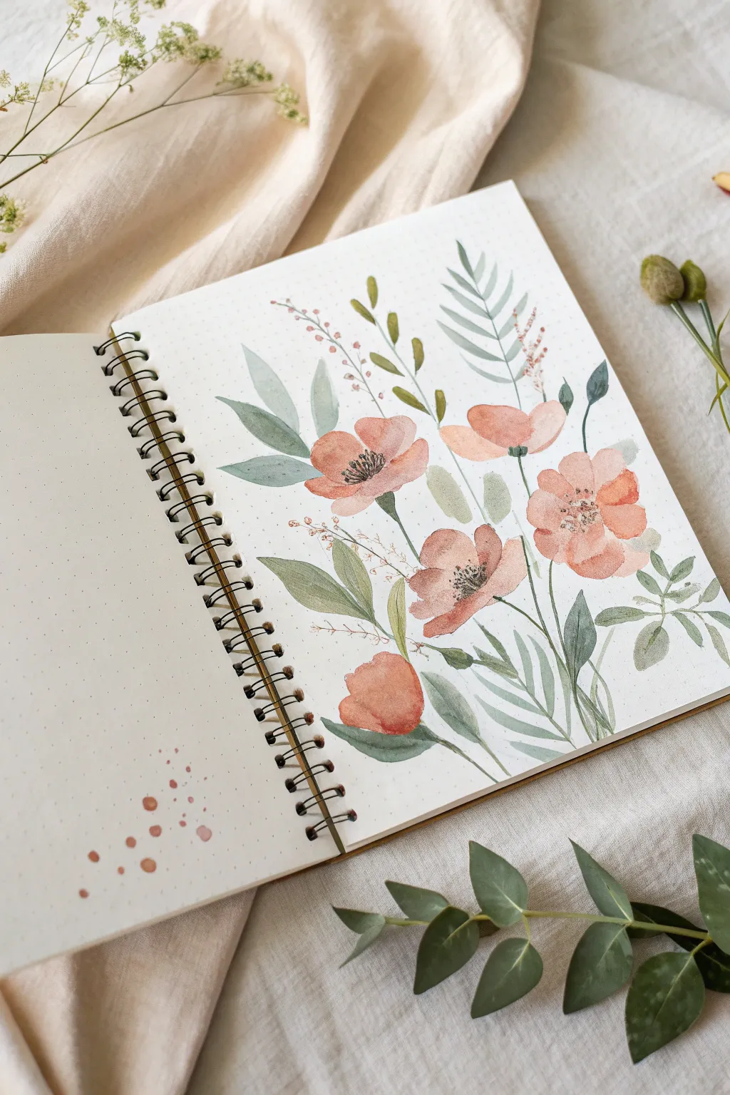 Loose watercolor gratitude florals in soft tones for a light, calming self care paint session