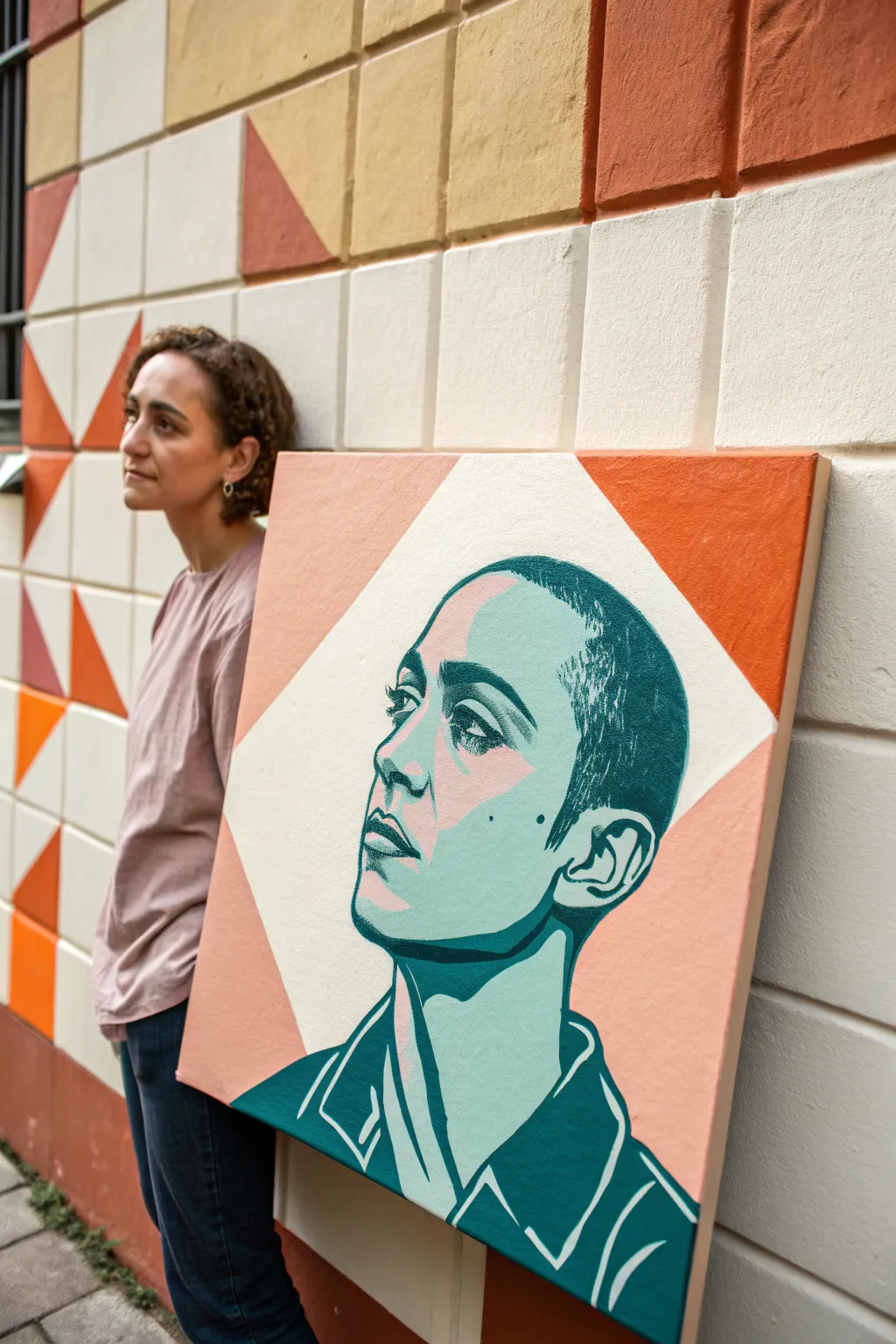 Bold color-blocked self-portrait: flat shapes, teal shadows, pink highlights, striking contrast.