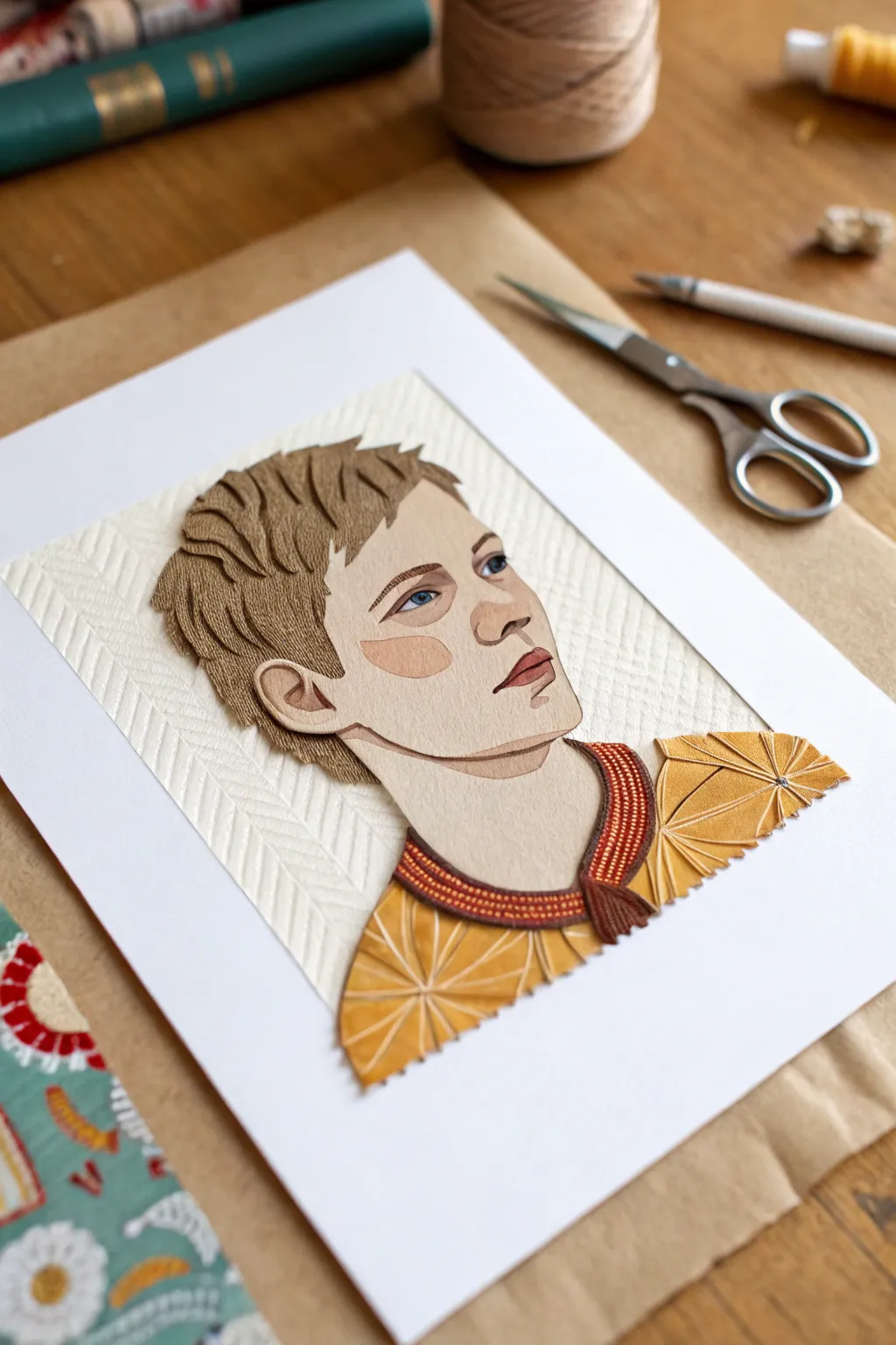 Cut-paper collage self-portrait with layered shapes, handmade textures, and bright confetti paper bits