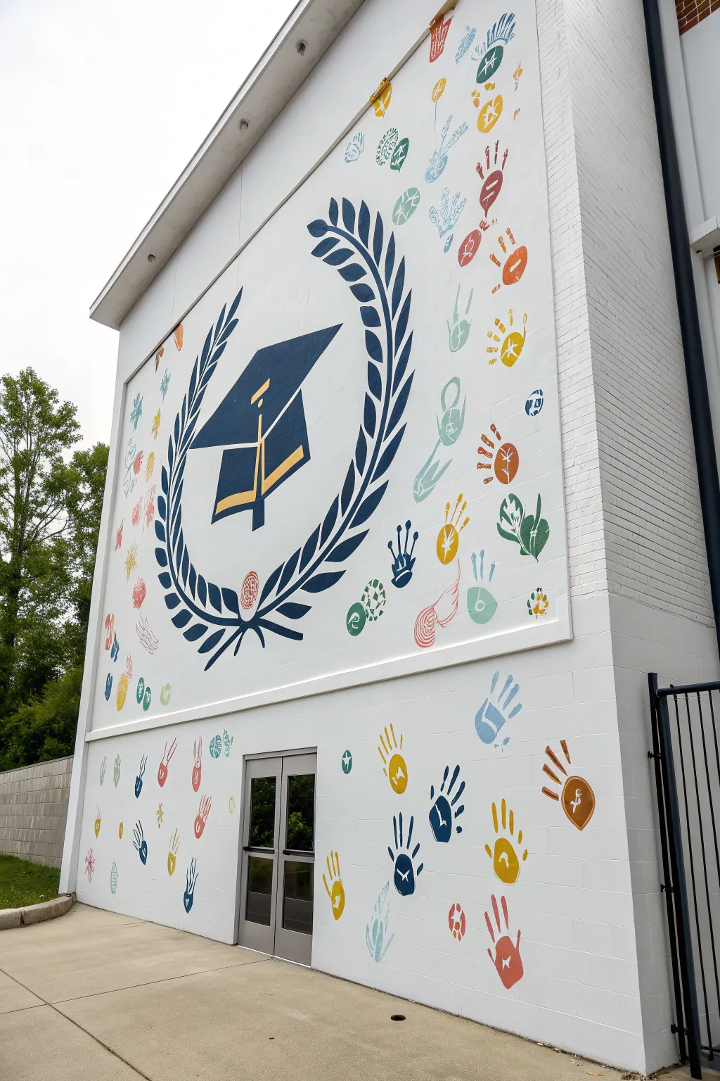 Minimalist senior mural with colorful handprint border for an everyone belongs vibe